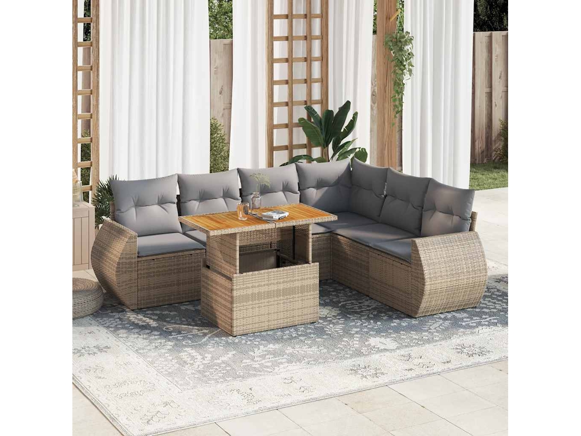 Vidaxl 7 Pcs Conjunto De Sofás P/ Jardim Com Almofadões Vime Pe Bege
