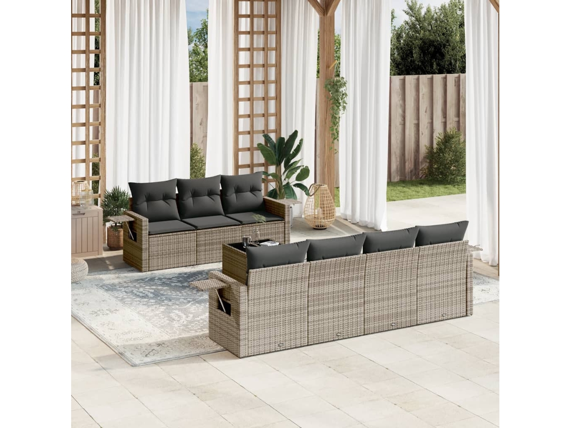 Vidaxl 8 Pcs Conjunto Sofás De Jardim C/ Almofadões Vime Pe Cinzento