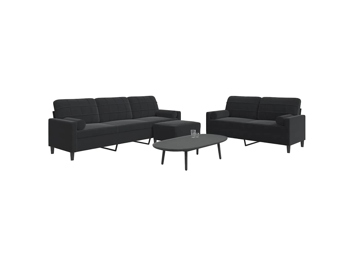 Vidaxl 3 Pcs Conjunto De Sofás Com Almofadões E Rolos Veludo Preto