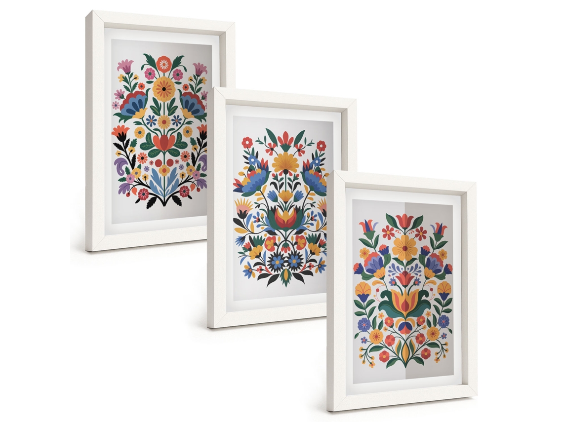 Conjunto De Pinturas Padrões Florais Intensos Moldura Branca Imagens Para Um Quarto Infantil Espelharte (3 Peças 20x30 Cm)