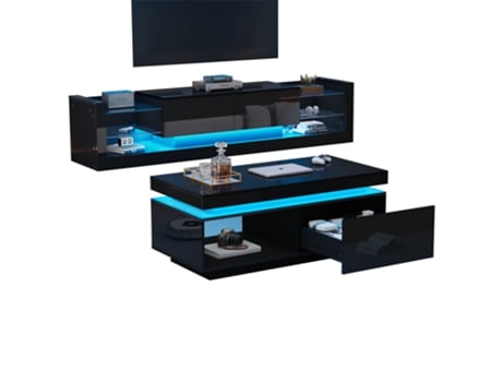 Conjunto Preto De Móveis Tv Com Led, Mesa De Centro E Armário Alto Brilho (100x50x40.3cm) Panshiyuan (181x38x38cm)