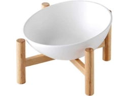 Tigela Elevada Inclinada de Cerâmica com Suporte de Madeira para Cães e Gatos, À Prova de Derramamento, para Alimentos e Água Branca AQUAFORGE