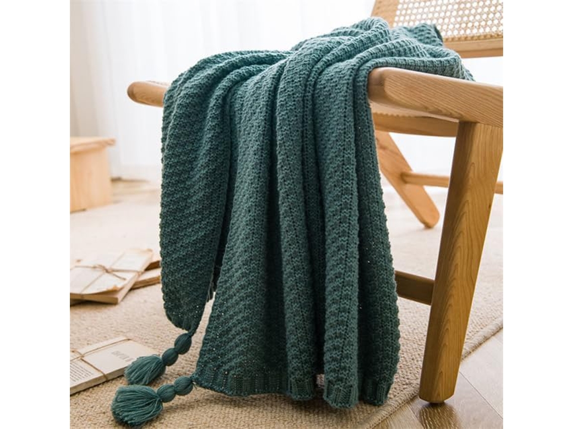 Mantas de Estilo Nórdico para Cama e Sofá Colcha Malha Grossa com Pompom Manta Cor Sólida Relevo, Macio, Quent