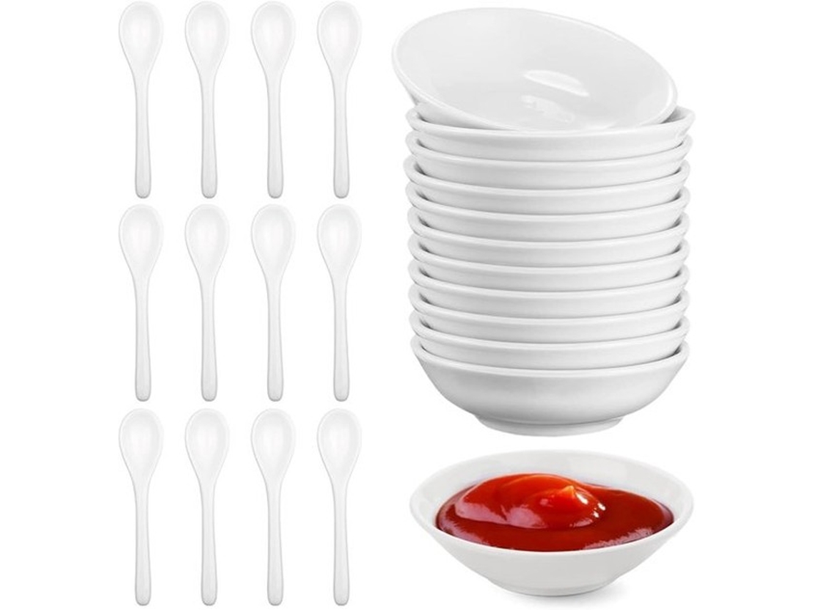 Conjunto De 12 Pequenos Pratos Redondos Para Molhos E Tapas, Inclui Colheres.