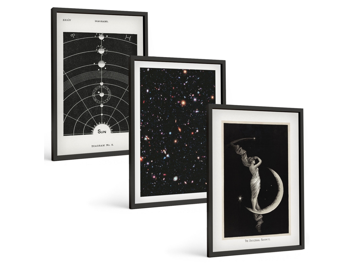 Galeria De Pinturas Murais Sistema Solar, Figura Noturna Moldura Preta Quadros Para O Escritório Espelharte (3 Piezas De 40x60 Cm)
