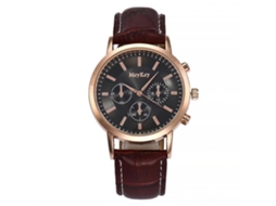 Relógio masculino para uso casual e profissional com caixa dourada, pulseira marrom, mostrador preto e movimento de quartzo em liga metálica.
