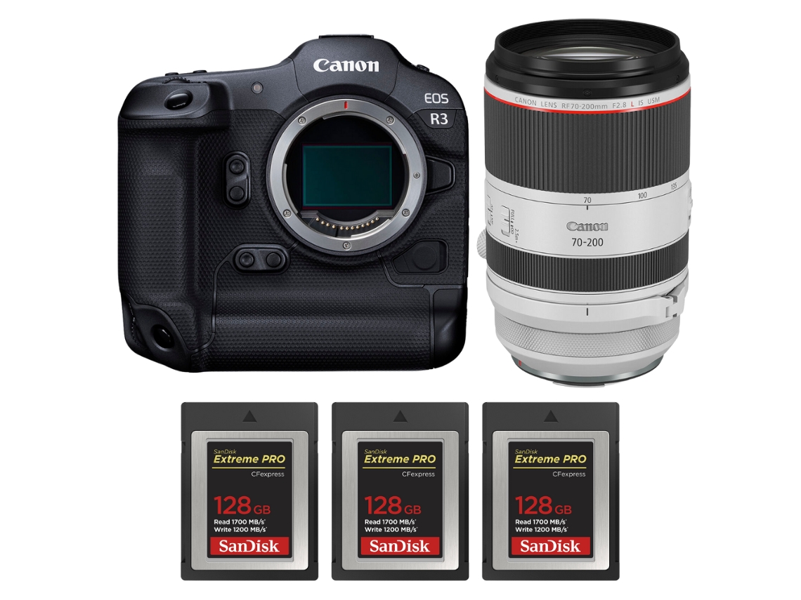 Eos R3 + Rf 70 200mm F/2.8 L Is Usm + 3 Sandisk 128gb Extreme Pro Cfexpress Type B + Ebook “20 Dicas para Fotos Que Impressionam” CANON