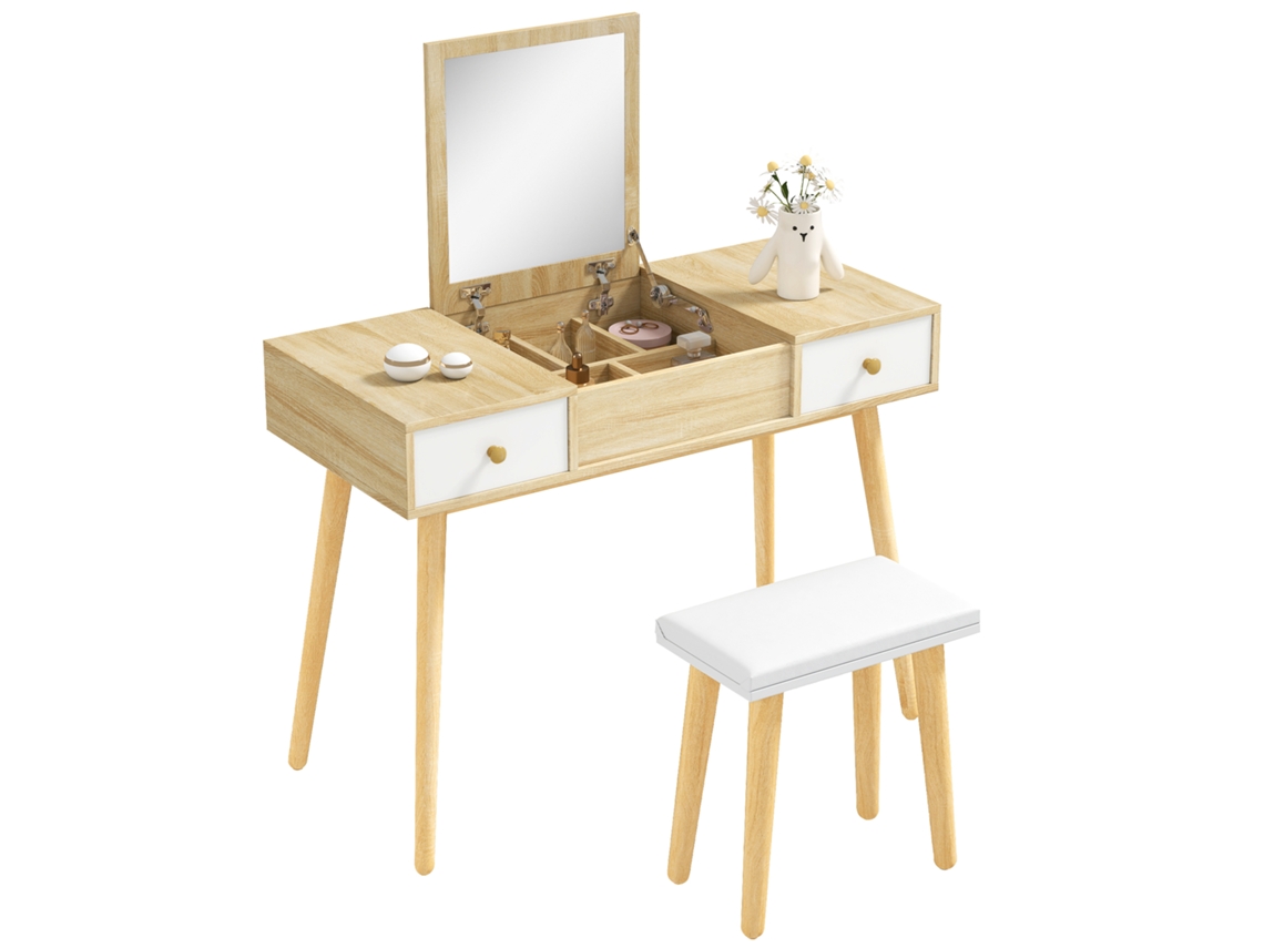 Mesa Penteadeira Com Espelho Abatível,tocador De Maquiagem Com Banco Acolchoado,assento Macio,gavetas E Compartimentos,pés De 100x45x118cm,natural