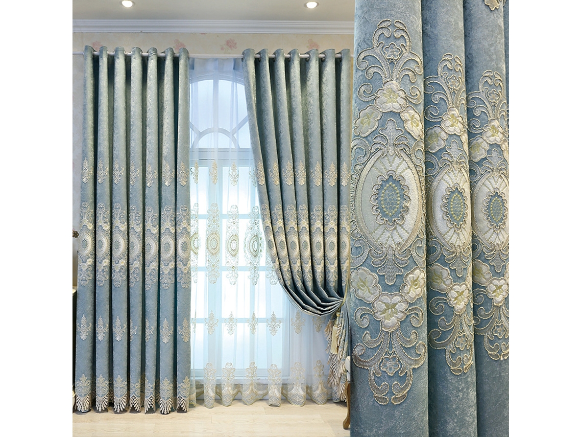 Cortina De Chenille Bordada Para Sala De Estar Ampla, Estilo Europeu, Azul-claro, 1,35 M X 2,7 M, Com Ilhoses (1 Painel)