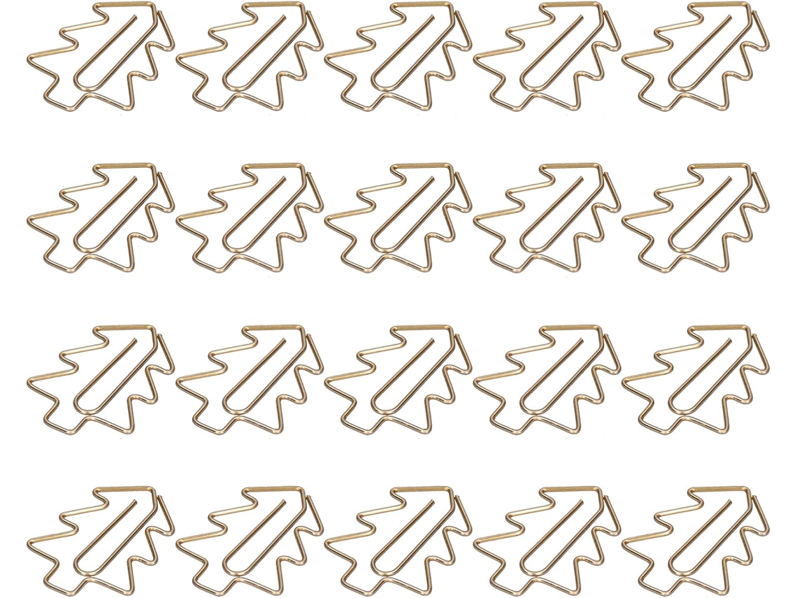 Clips de papel em formato de árvore natural, com núcleos vibrantes que não atrapalham, ideais para organização fora da mesa na escola.