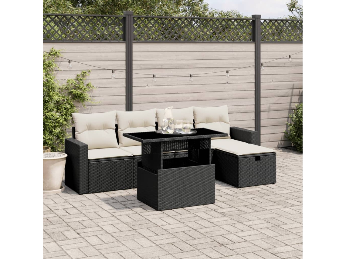 Vidaxl 6 Pcs Conjunto Sofás De Jardim C/ Almofadões Vime Pe Preto