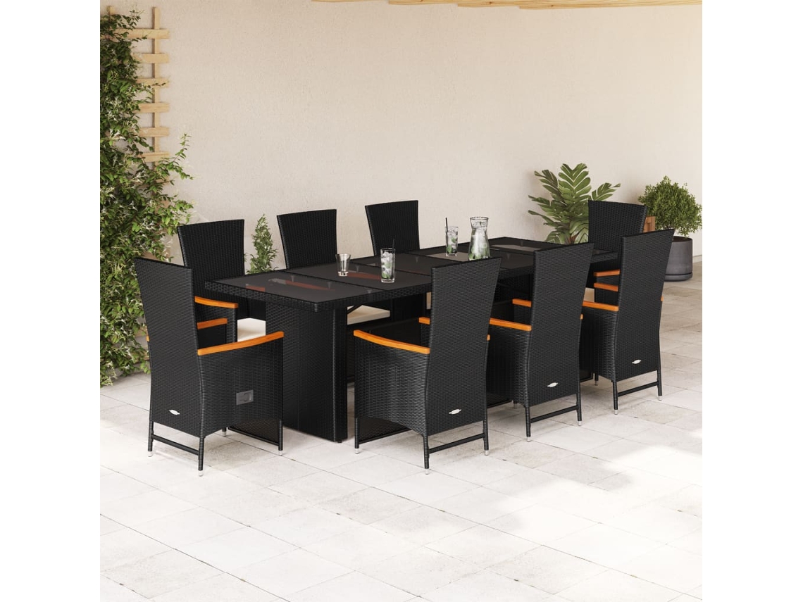 Vidaxl 9 Pcs Conjunto de Jantar P/ Jardim C/ Almofadões Vime Pe Preto