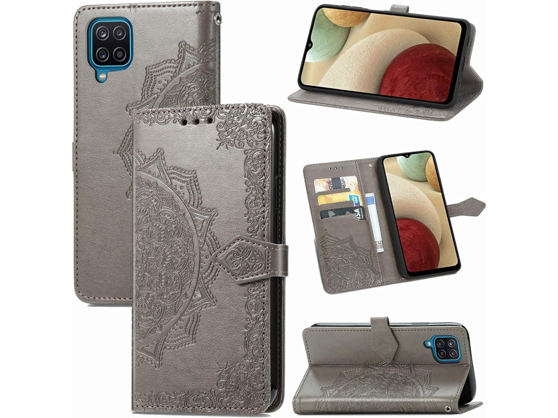 Capa Mandala Função para Samsung Galaxy A12 HONGWE. com Porta-Cartões Cinzento