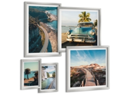 Pinturas Murais Modernas Folhas Azul-bege Claro Moldura Prateada Fotos Para O Escritório Espelharte (conjunto De 5 Imagens)