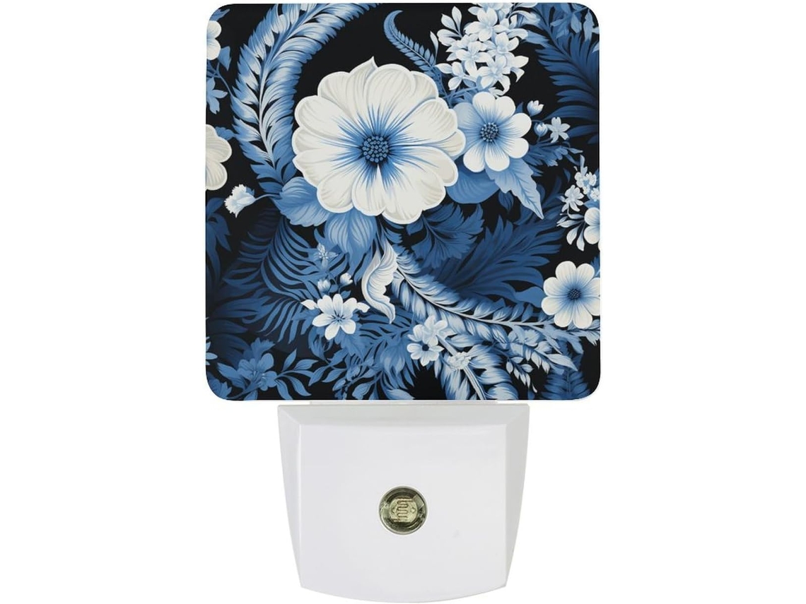 Luminária de parede LED noturna, com liberação automática, sensor crepuscular e estampa floral azul e branca.