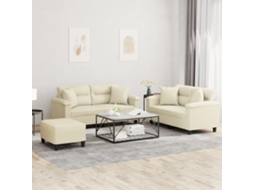 Vidaxl 3 Pcs Conjunto De Sofás Com Almofadas Couro Artificial Creme