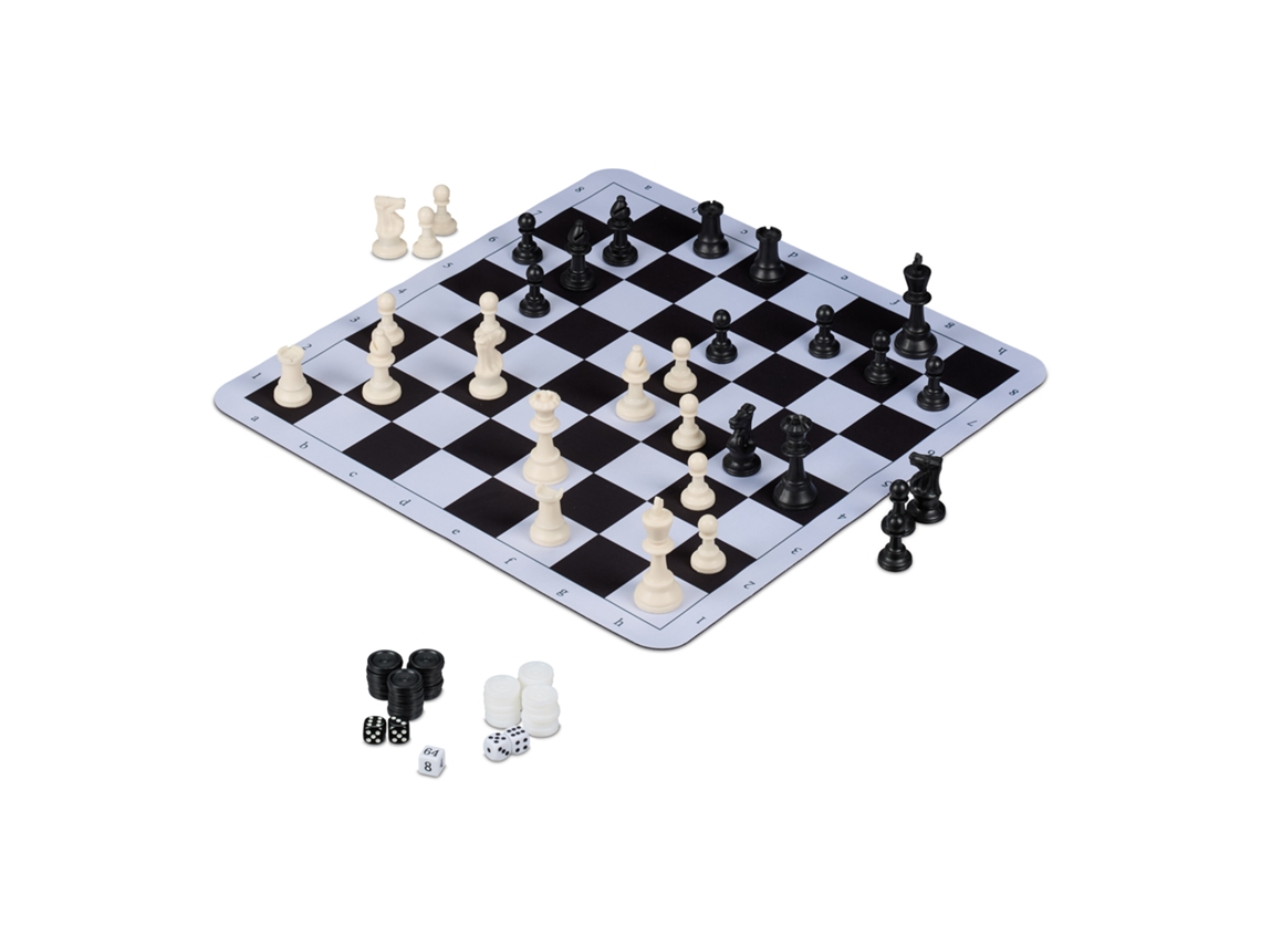 Relaxdays Jogo De Xadrez, Gamão E Damas, Enrolável, Com Bolsa De Transporte, 50,5 X 50,5 Cm, Jogo 3 Em 1, Preto/branco