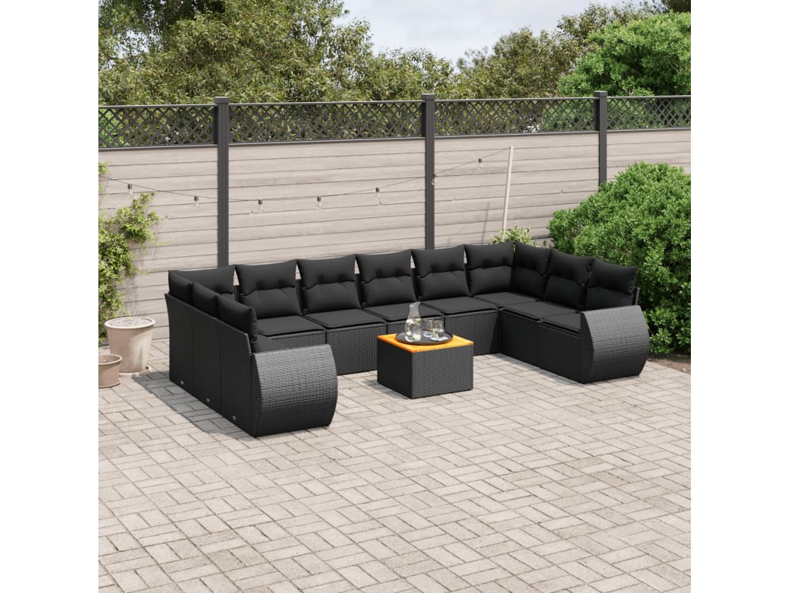 Vidaxl 11 Pcs Conjunto Sofás De Jardim C/ Almofadões Vime Pe Preto