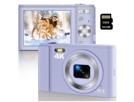 Câmara Digital das Crianças Compacta Dc303 4K 48Mp com Foco Automático Zoom 16X 2 8 Polegadas Display 128G- Roxo VIGA EUROPE