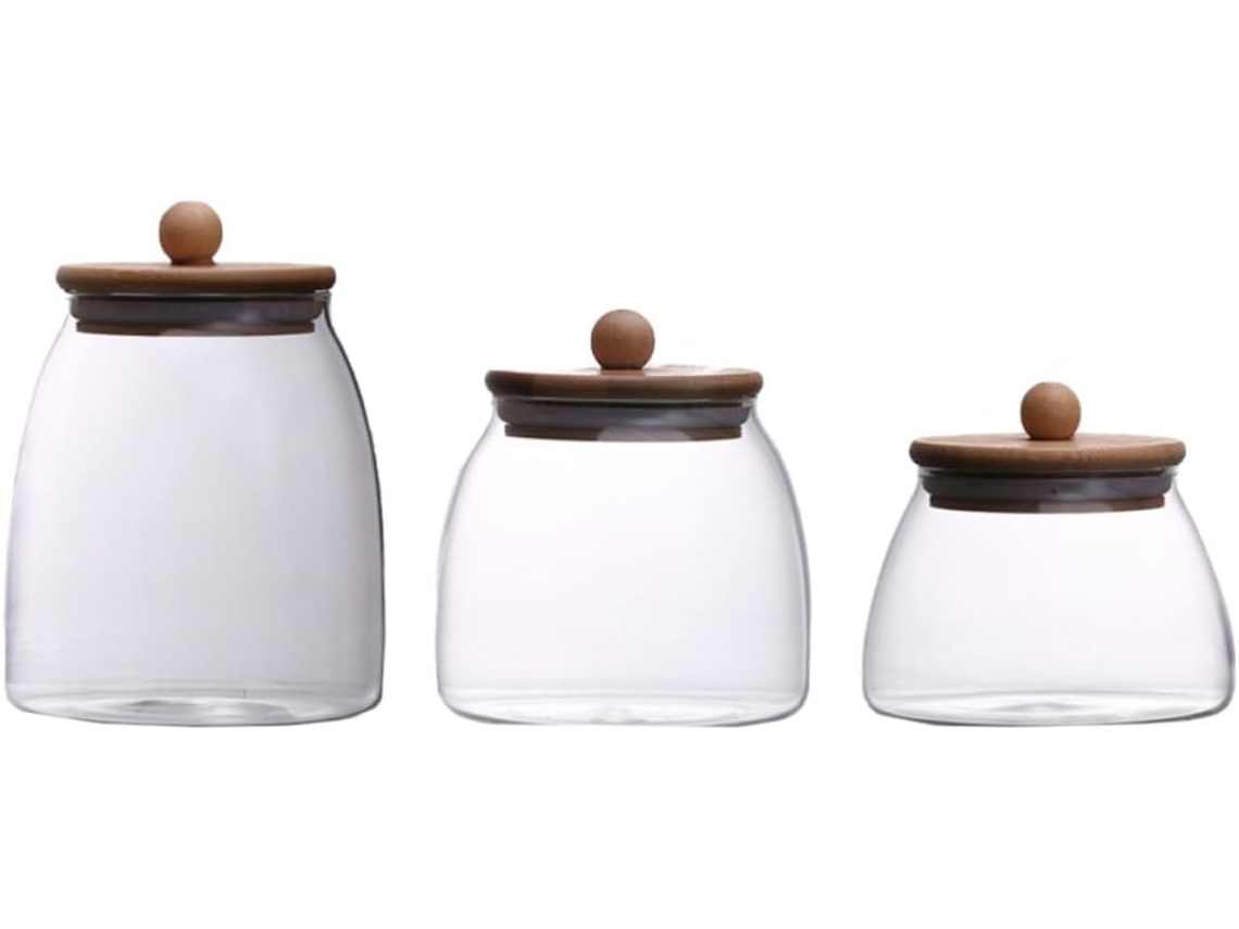 Conjunto De 3 Potes Vidro Com Tampas Madeira, Ideais Para Armazenar Chá, Lanches E Cereais Na Cozinha Herméticos