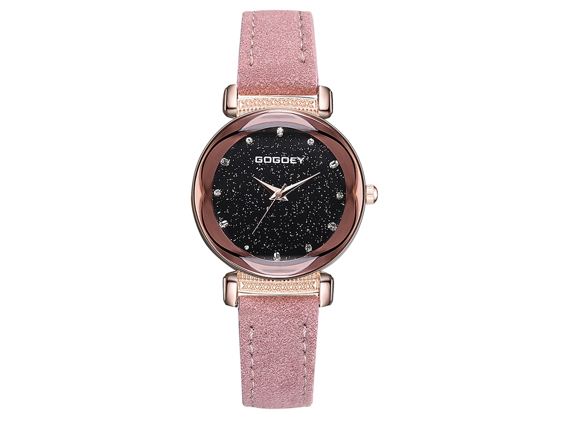 Relógio de Pulso Feminino de Quartzo com Mostrador Céu Estrelado e Strass em Pulseira Pu Rosa