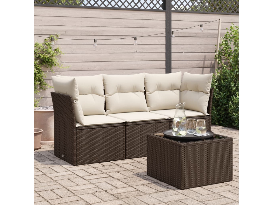 Vidaxl 4 Pcs Conjunto Sofás De Jardim C/ Almofadões Vime Pe Castanho