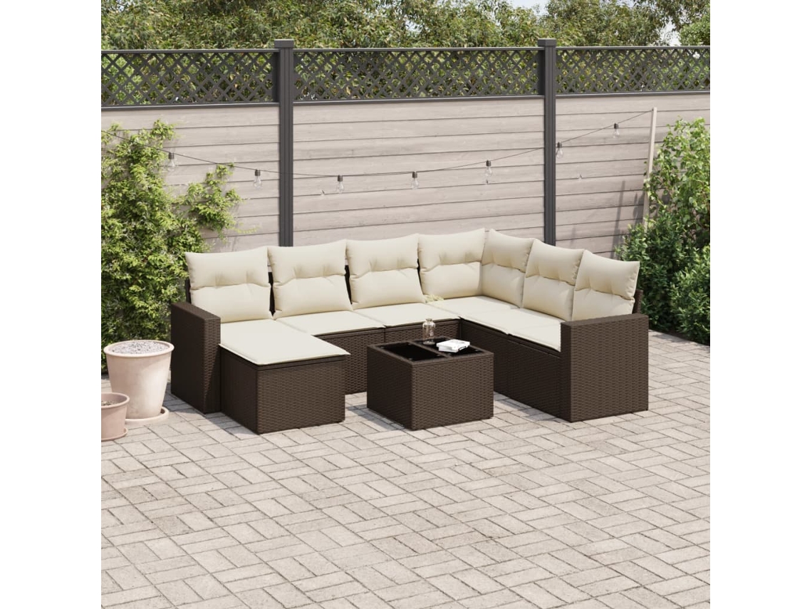 Vidaxl 8 Pcs Conjunto Sofás De Jardim C/ Almofadões Vime Pe Castanho
