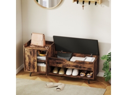 Banco Zapatero Industrial Con Asiento Acolchado Compartimento Oculto Estantes Puertas 127x35x59 Cm Marrón Rústico