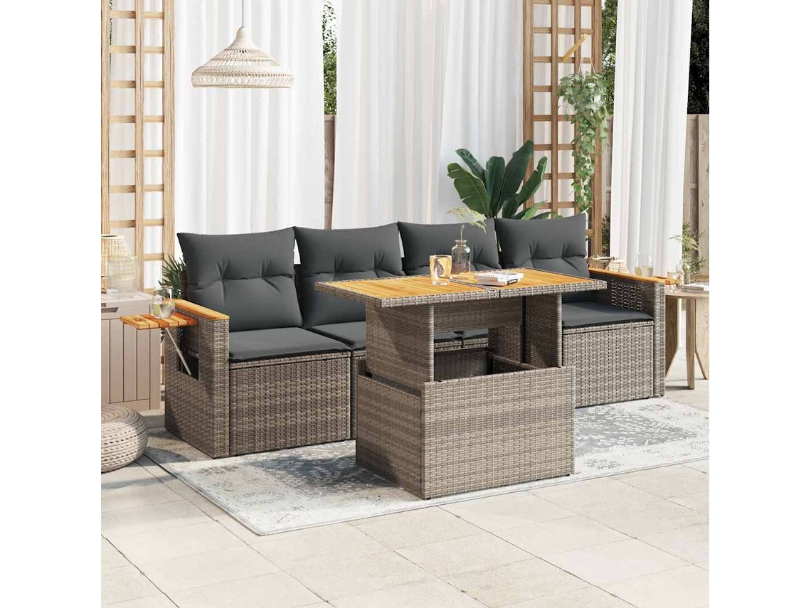 Vidaxl 5 Pcs Conjunto Sofás De Jardim C/ Almofadões Acácia E Vime Pe