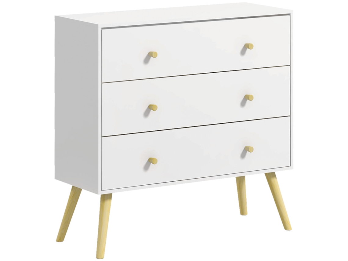 Cómoda com 3 gavetas, para quarto, pés de madeira, 80x30x80 cm, branco