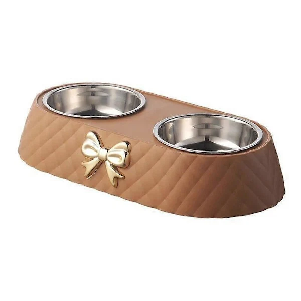 Tigela Dupla para Cães e Gatos com Base em Pp, em Aço Inoxidável, Ideal para Alimentação e Bebida em Animais de Estimação. Cor Marrom AQUAFORGE