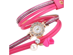 Relógio de Pulso Feminino de Moda com Pulseira de Couro Pu e Strass Rosa