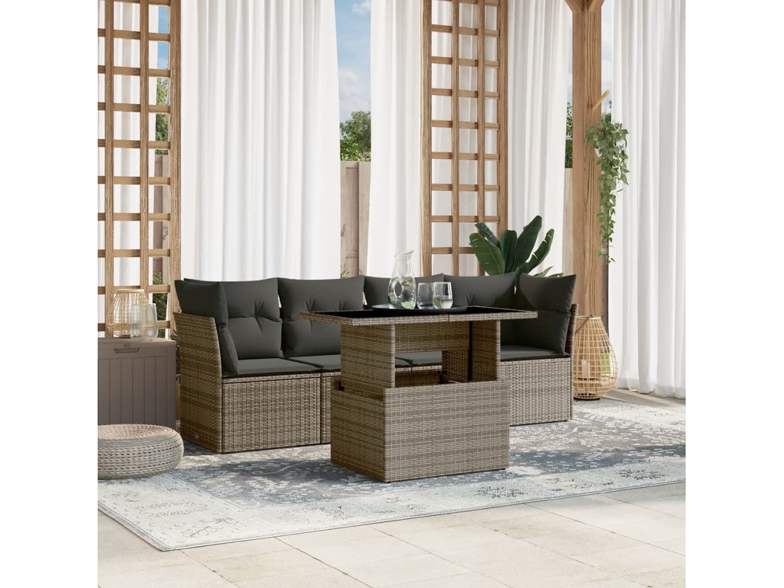Vidaxl 5 Pcs Conjunto Sofás De Jardim C/ Almofadões Vime Pe Cinzento