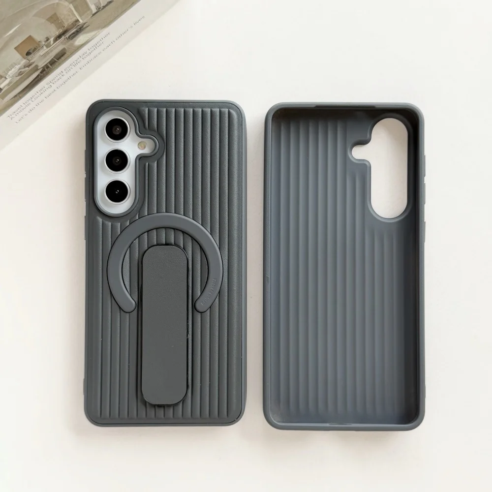 Capa Protetora Magnética De Couro Com Suporte De Anel (cinza Para Galaxy S26 Ultra), Estampa De Listras Onduladas.