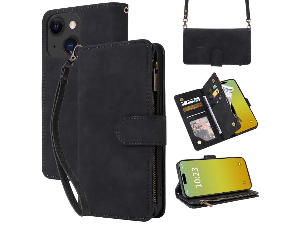 Capa Pega Para Iphone 15 Plus Pele Sintética Preto