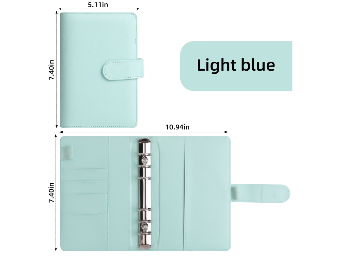 A6 Macaron Pu Leather Ring Binder Cash Envelope Budget Notebook With Zipper Pouch, Blue