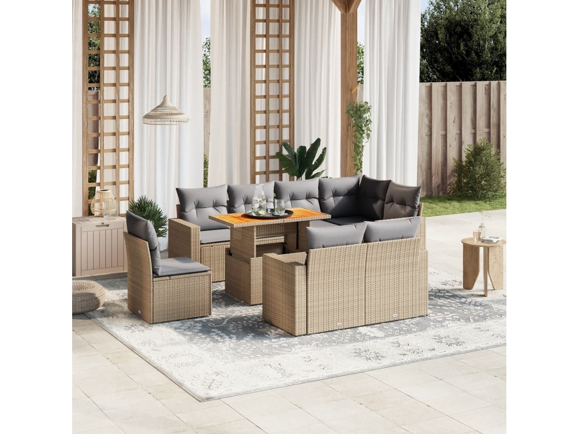 9 Pcs Conjunto De Sofás P/ Jardim Com Almofadões Vime Pe Bege Dkd Home Decor