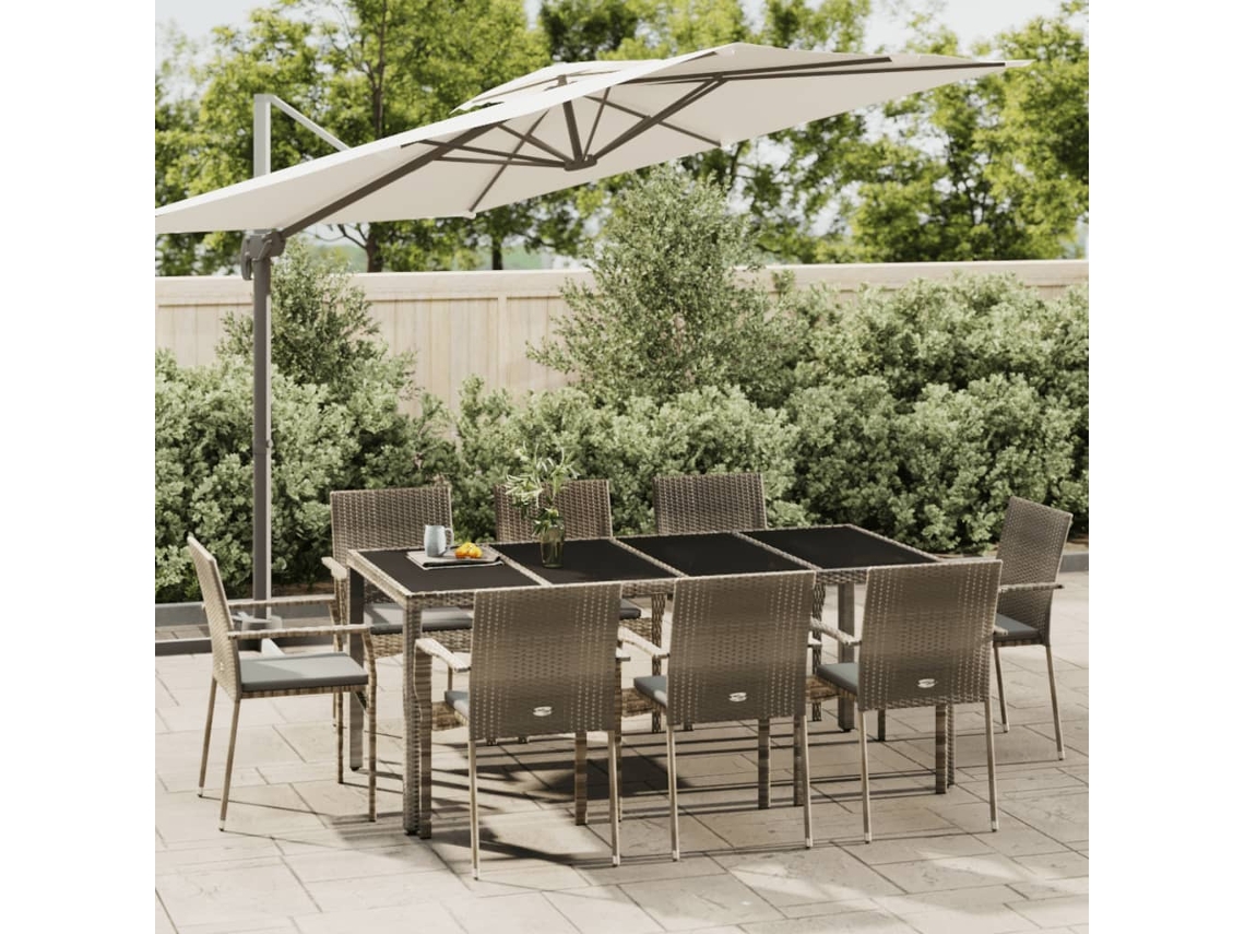 Vidaxl 9 Pcs Conjunto De Jantar P/ Jardim C/ Almofadões Vime Pe Cinza