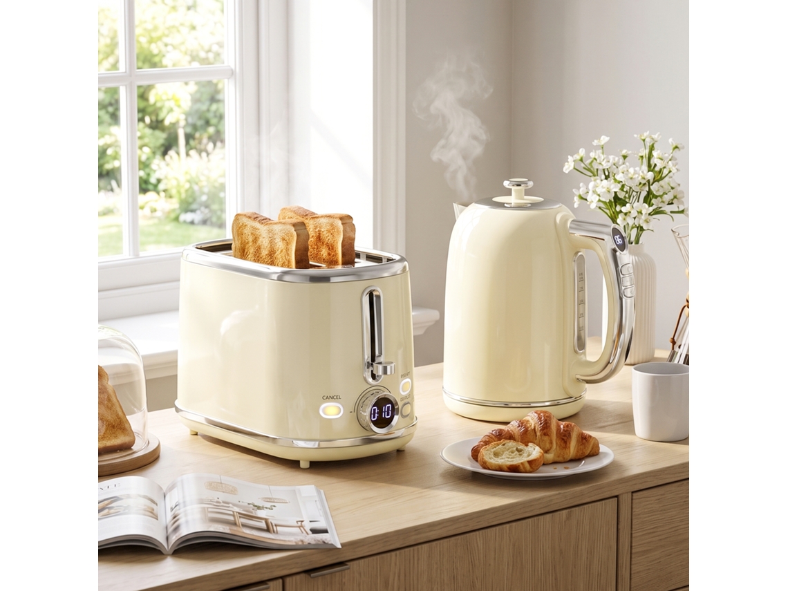 Kettle And Toaster Set With Led Display, 1.7 L Kettle With 3 Hour Keep Warm Function, Cream