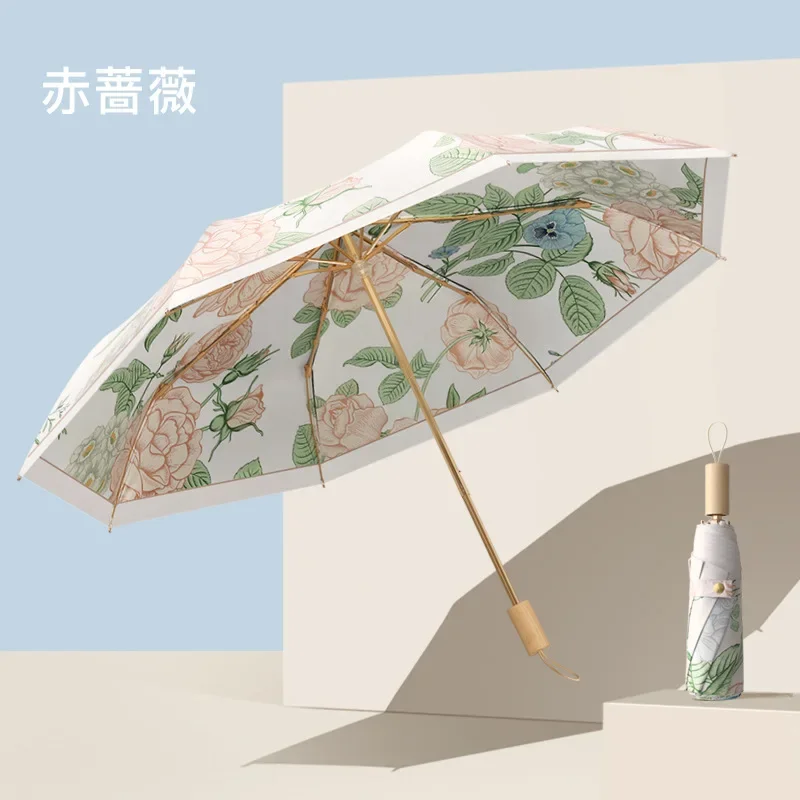 Guarda-chuva Dobrável Minimalista Com Cabo De Madeira Maciça E Estampa Dupla Face (rosa Vermelha), Proteção Solar Upf50+.