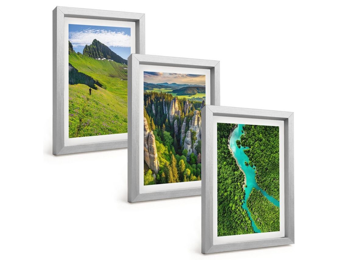 Composição De Quadrosmontanhas Verdes, Rio, Rochas Moldura Prateada Imagens Para Um Quarto Infantil Espelharte (3 Peças 20x30 Cm)