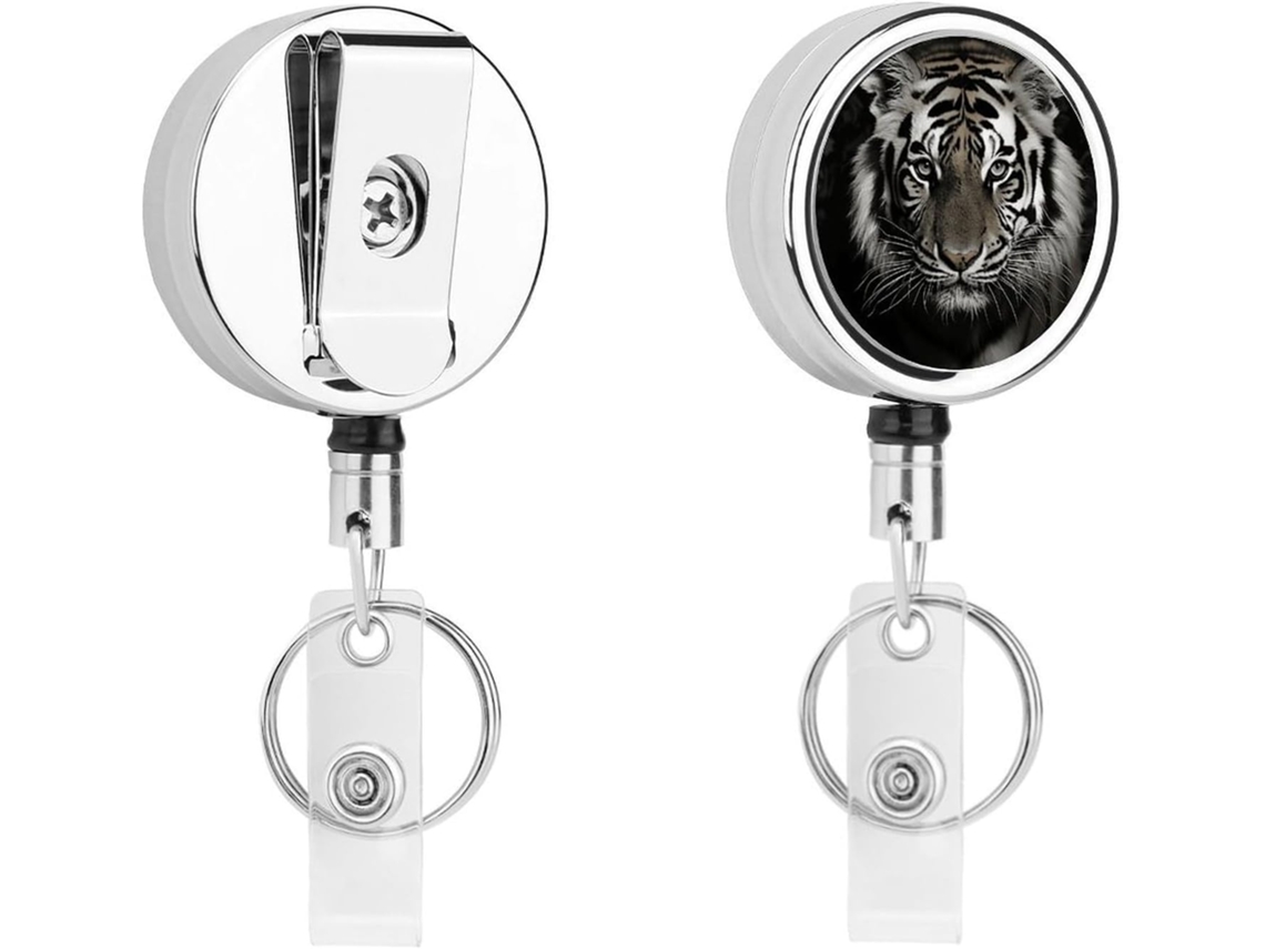 Porta Crachá Retrátil Com Estampa De Tigre Preto E Branco, Moderno E Durável, Em Metal, Com Cordão De Nylon De 68cm