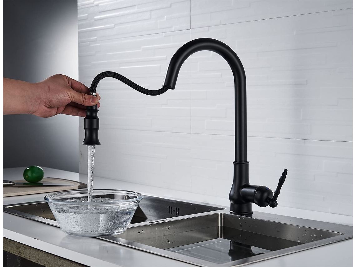 Torneira de cozinha preta, torneira misturadora de cozinha giratória de 360° com spray removível, torneira de pia de cozinha de alavanca única q
