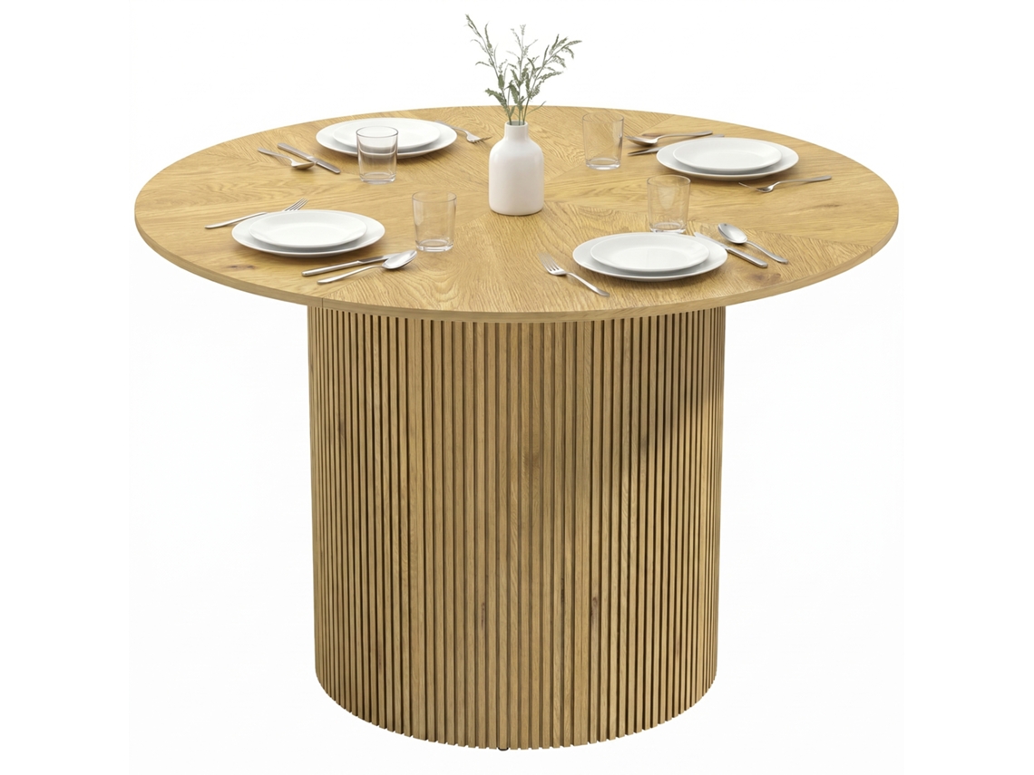 Mesa De Jantar Redonda Moderna Para 4-6 Pessoas, Mesa De Cozinha De 110 Cm Com Base Cilíndrica Canelada, Carvalho