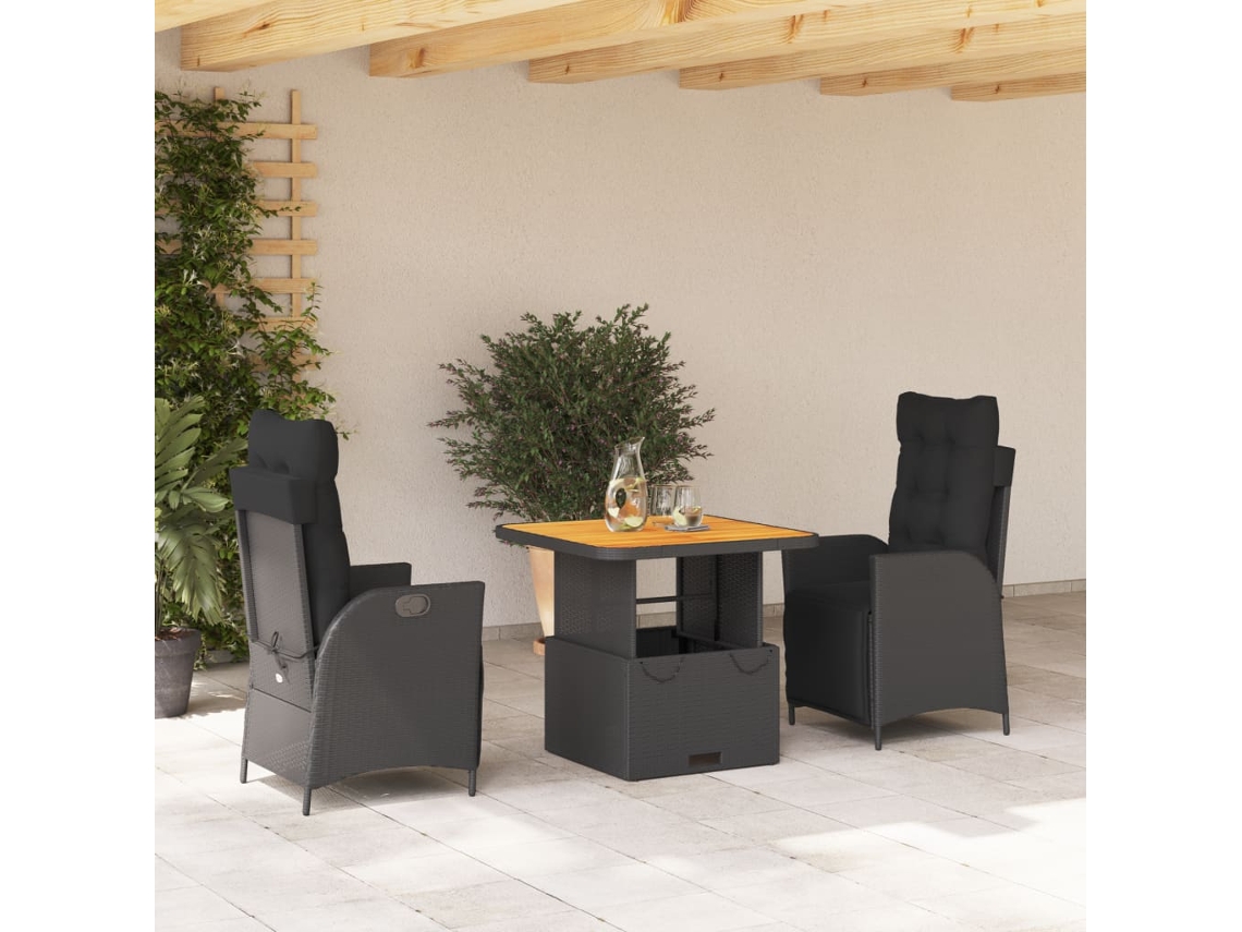 Vidaxl 3 Pcs Conjunto De Jantar P/ Jardim C/ Almofadões Vime Pe Preto