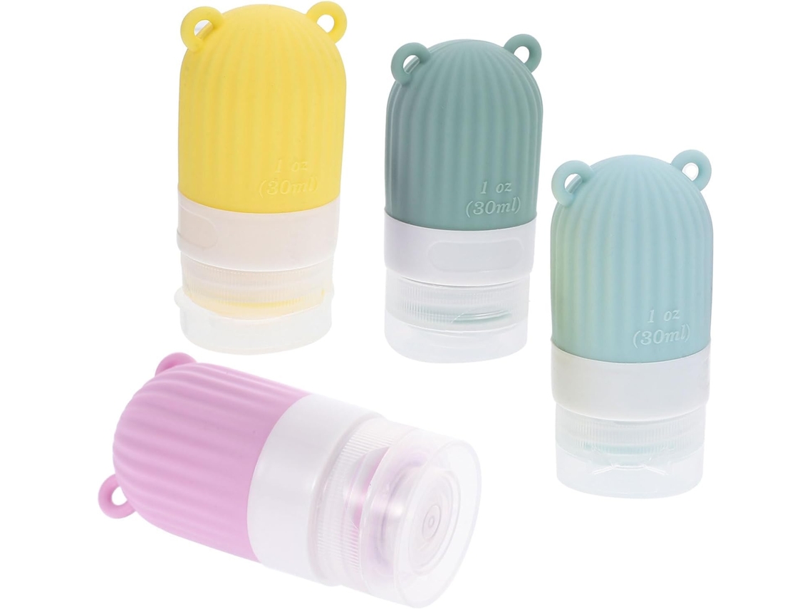 Conjunto de 4 frascos flexíveis de silicone de 30ml para transportar líquidos, duráveis.