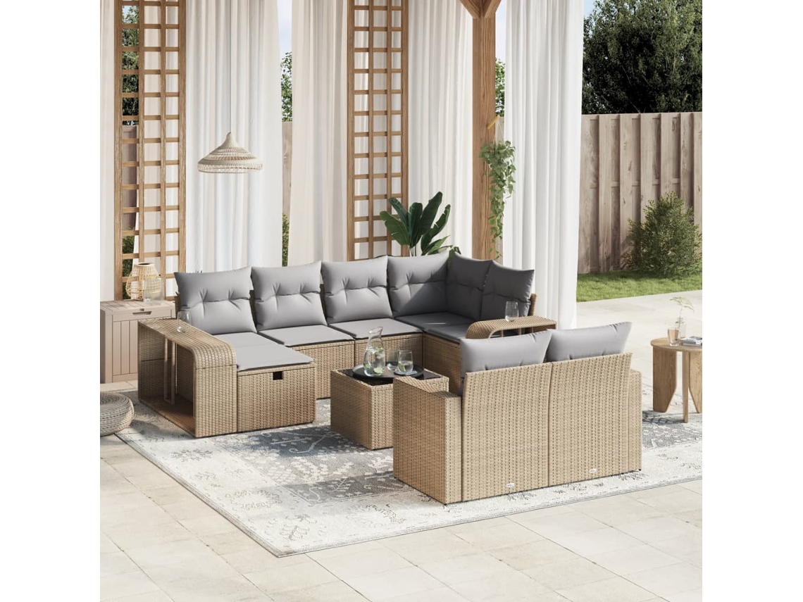 Vidaxl 11 Pcs Conjunto Sofás De Jardim C/ Almofadões Vime Pe Bege