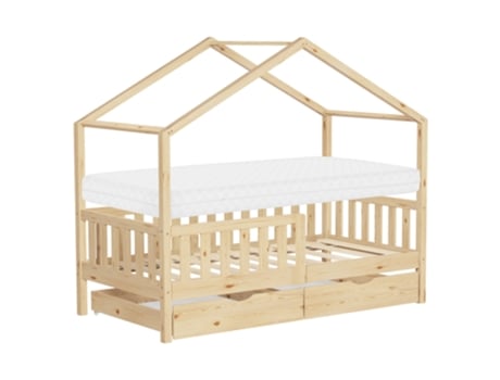 Cama infantil ML Design, casa de madeira natural, 80 x 160 cm, com colchão e 2 gavetas