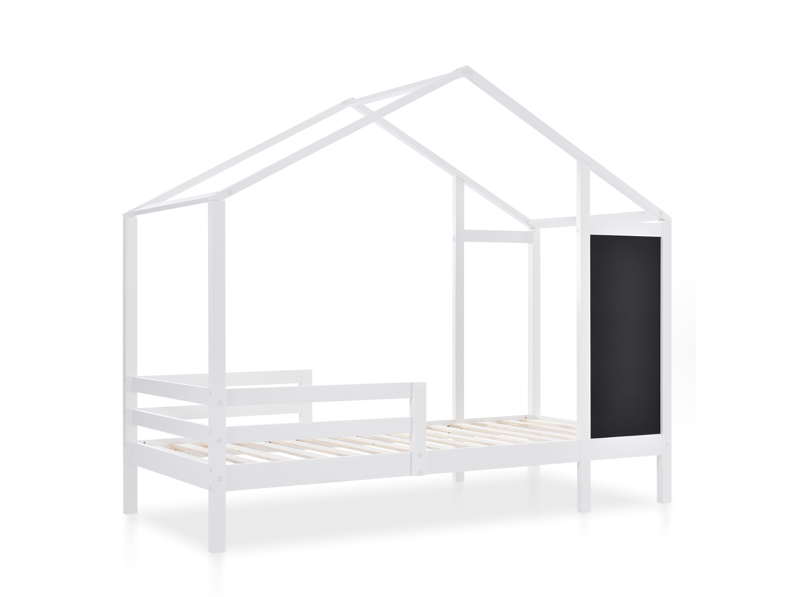 Cama infantil casinha 90x200cm em madeira maciça, com lousa, 2 gavetas e grades brancas, para quarto de criança PAPRIKA
