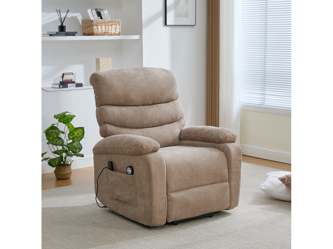 Poltrona Elétrica Taupe Auxílio Para Levantar, Massagem, Aquecimento, Encosto E Apoio Para Pés Ajustáveis, Bolsos Laterais.